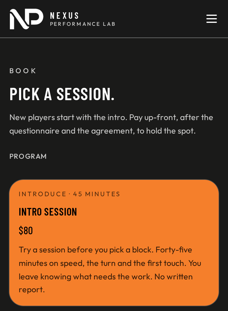 Nexus booking page, Pick a session